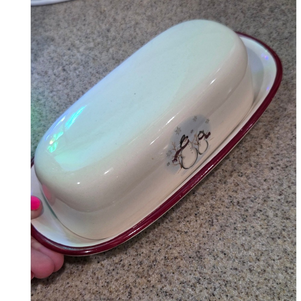 Snowman Family Ceramic Butter Dish with Lid Red Trim Winter Holiday Decor - Picture 6 of 11